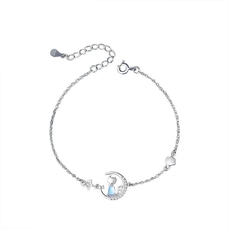 Pulsera Plateada con Diseño de Gato Luna Estrella - Silvera Enchanted